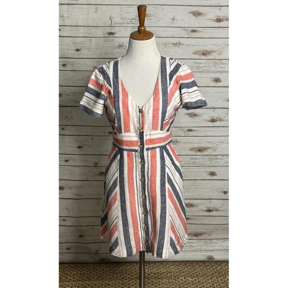 Parker Kacey casual striped V-neck linen-blend button front mini dress Size 8 - Picture 1 of 8